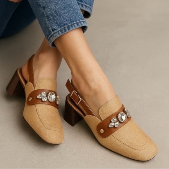 Arezzo Shoes - Arezzo Emory Crystal Slingback Pumps Tan Raffia Brown Leather Heels Size 11